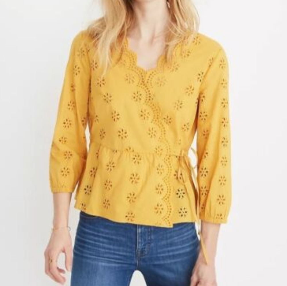 Madewell Scallopped Eyelet Wrap Top - Yellow Gold - Size Large